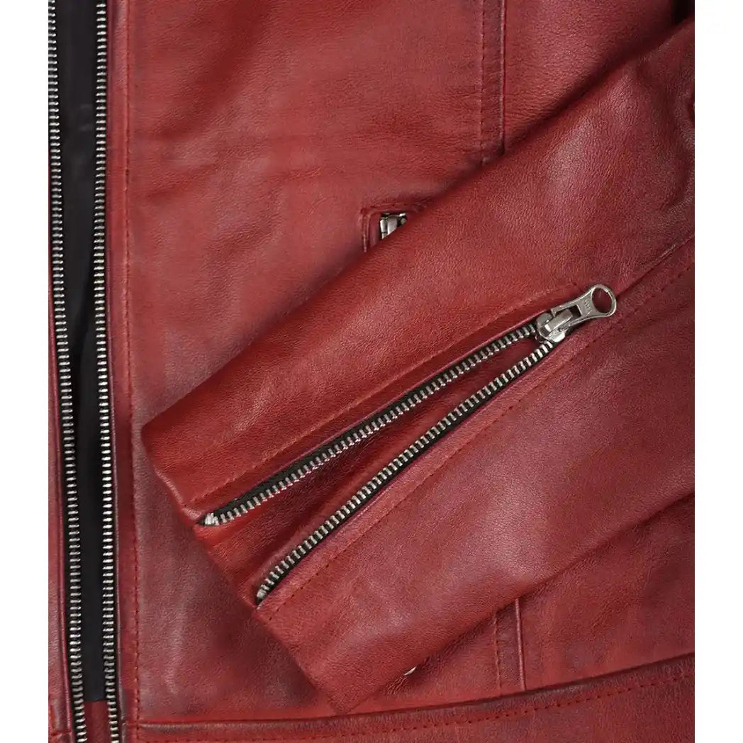 Sowachi Women's Red Waxed Biker Style Sheepskin Leather Jacket