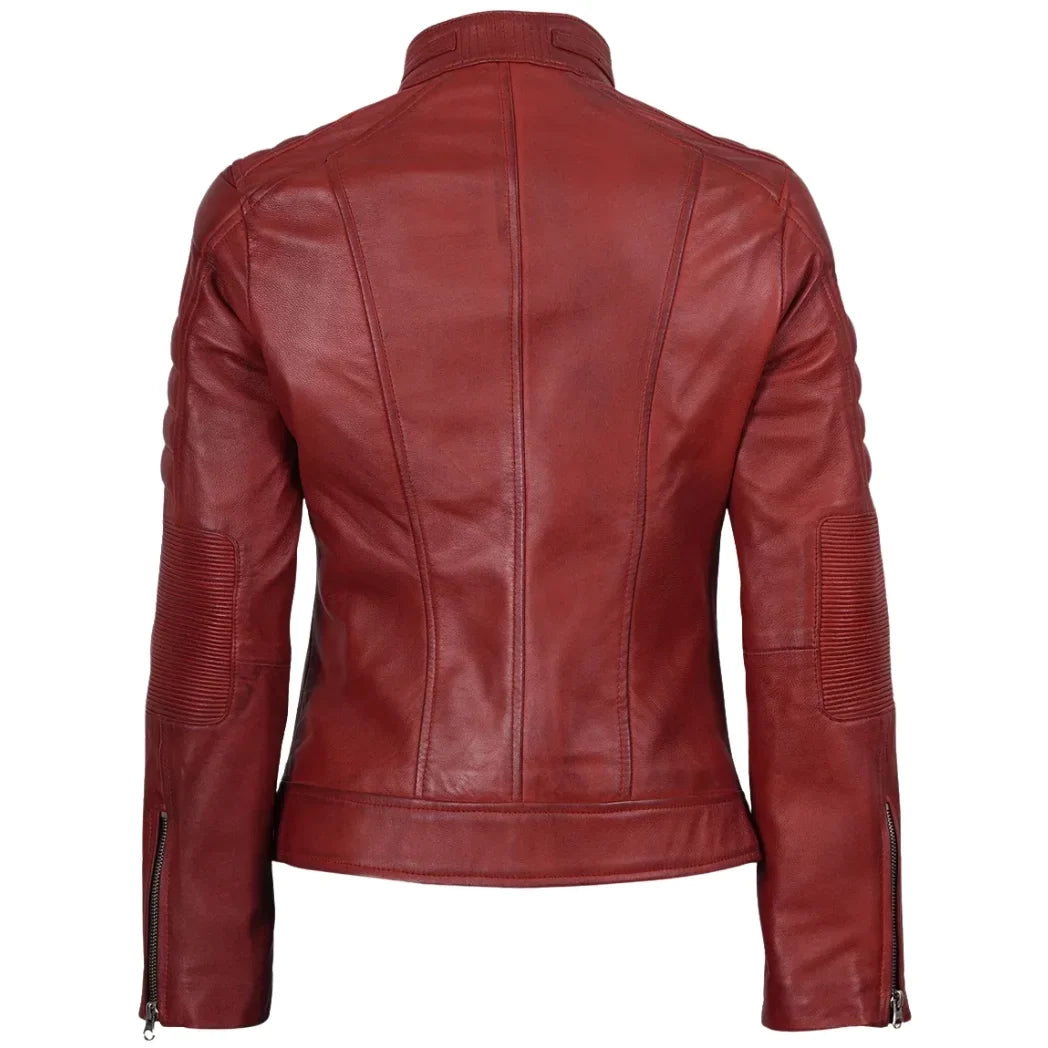 Sowachi Women's Red Waxed Biker Style Sheepskin Leather Jacket