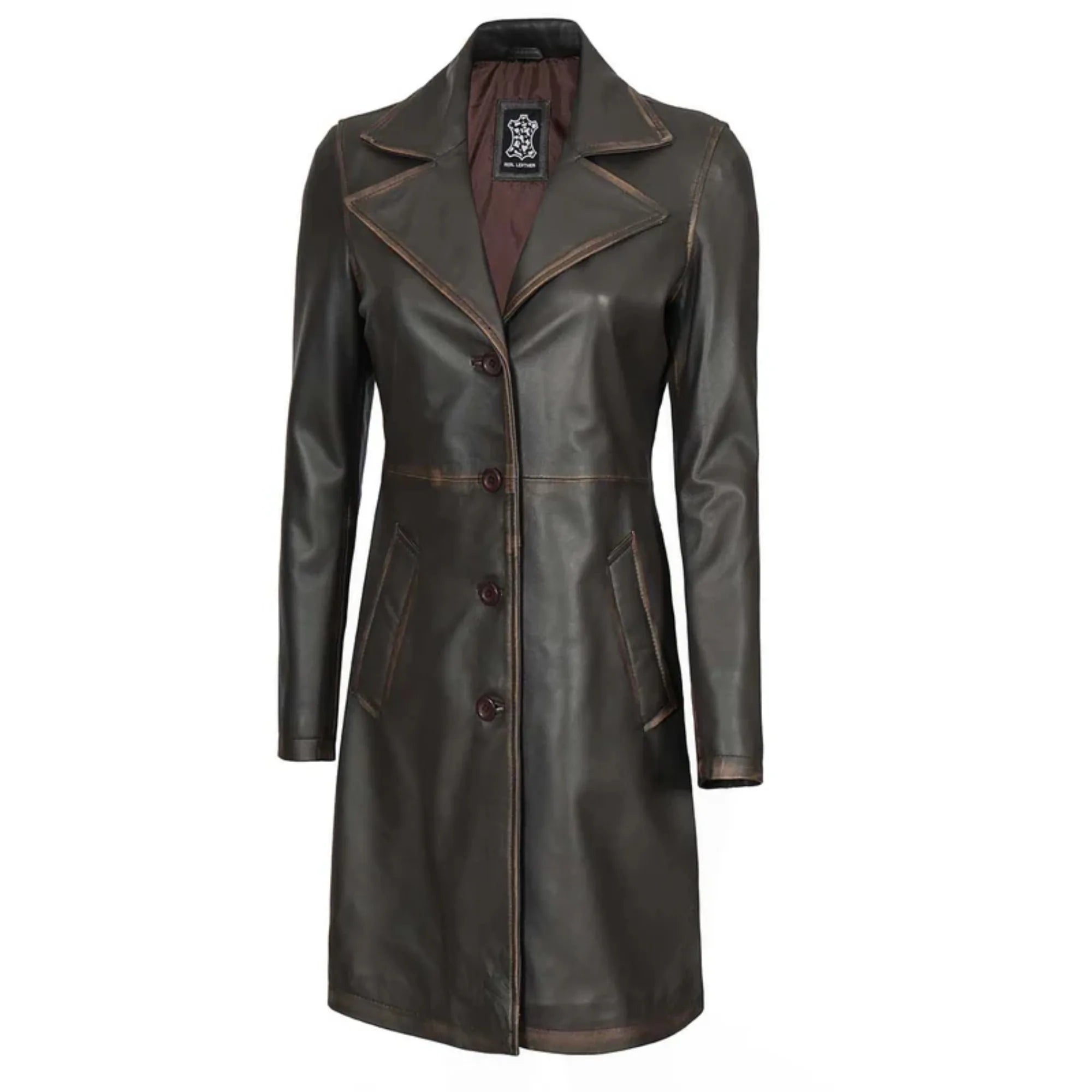Sowachi Dovelle - Women's Dark Brown Rub-Off Leather Long Coat