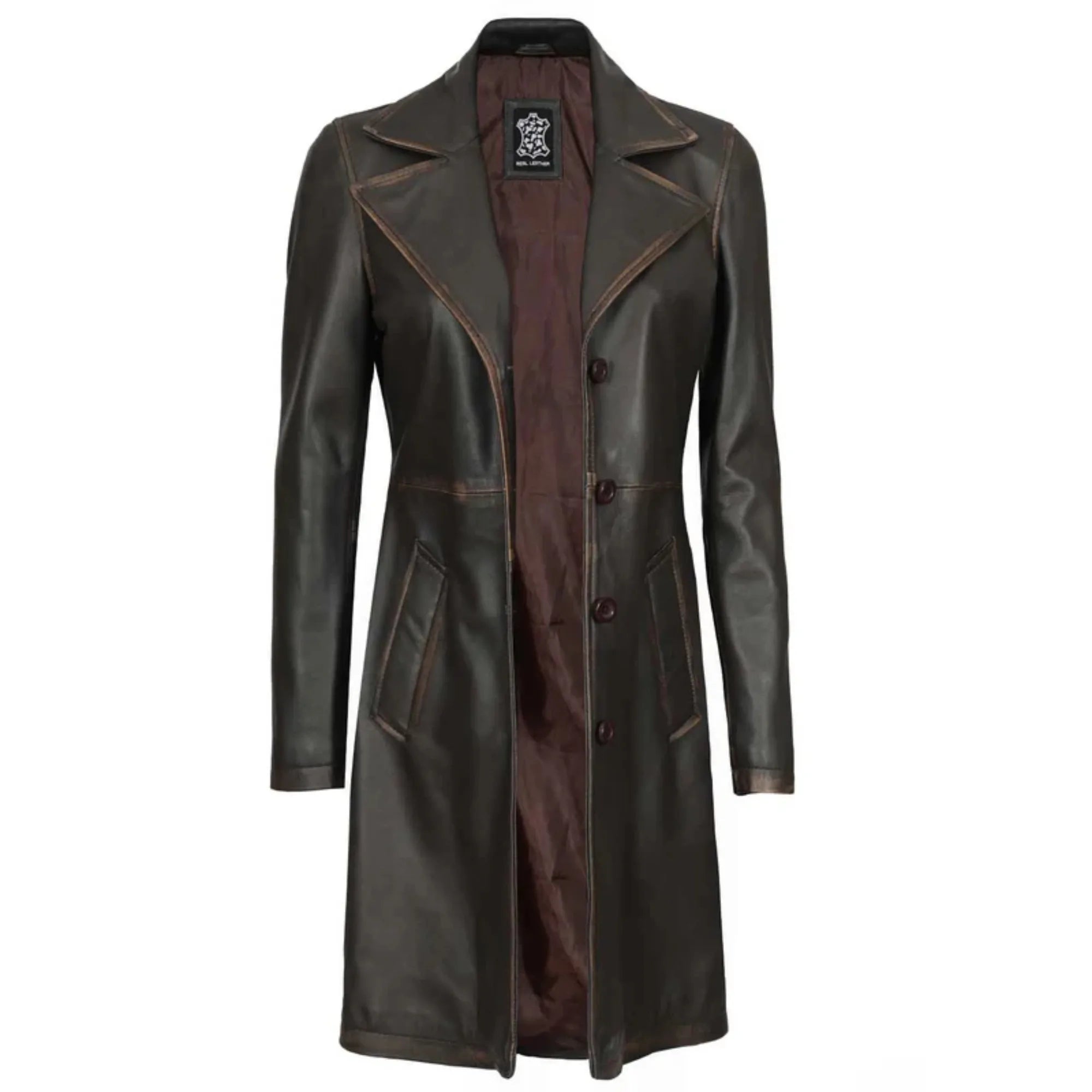 Sowachi Dovelle - Women's Dark Brown Rub-Off Leather Long Coat