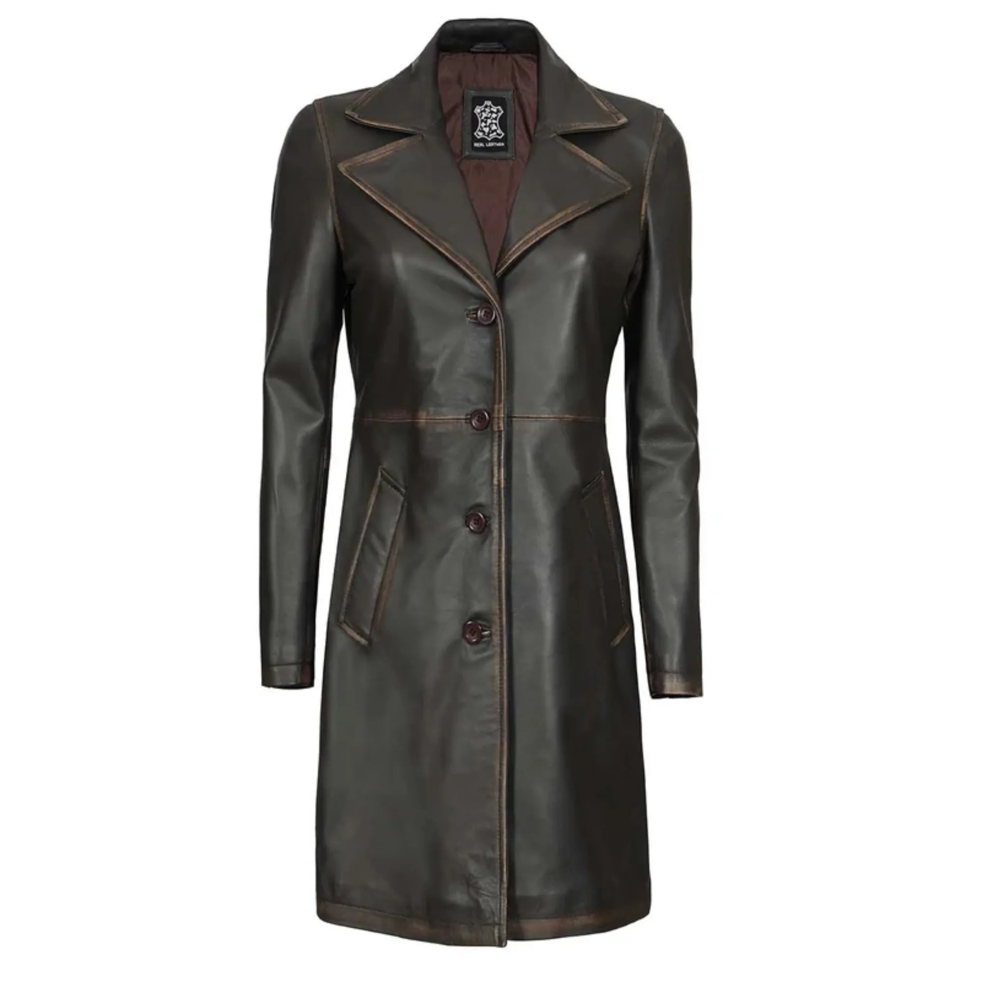 Sowachi Dovelle - Women's Dark Brown Rub-Off Leather Long Coat