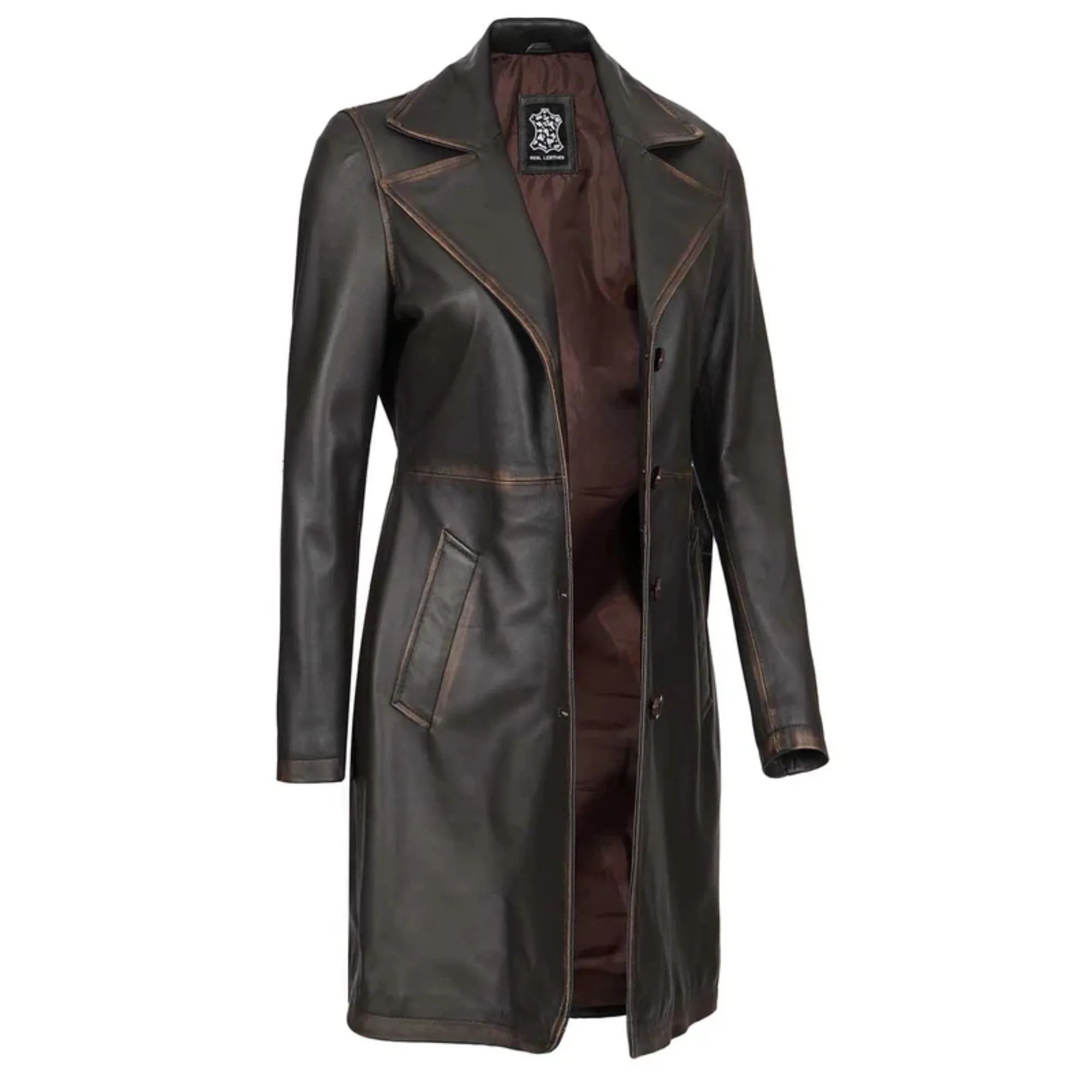 Sowachi Dovelle - Women's Dark Brown Rub-Off Leather Long Coat