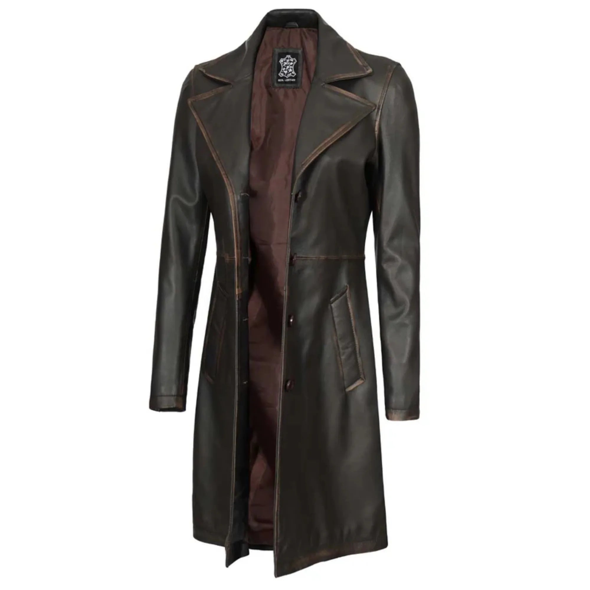 Sowachi Dovelle - Women's Dark Brown Rub-Off Leather Long Coat