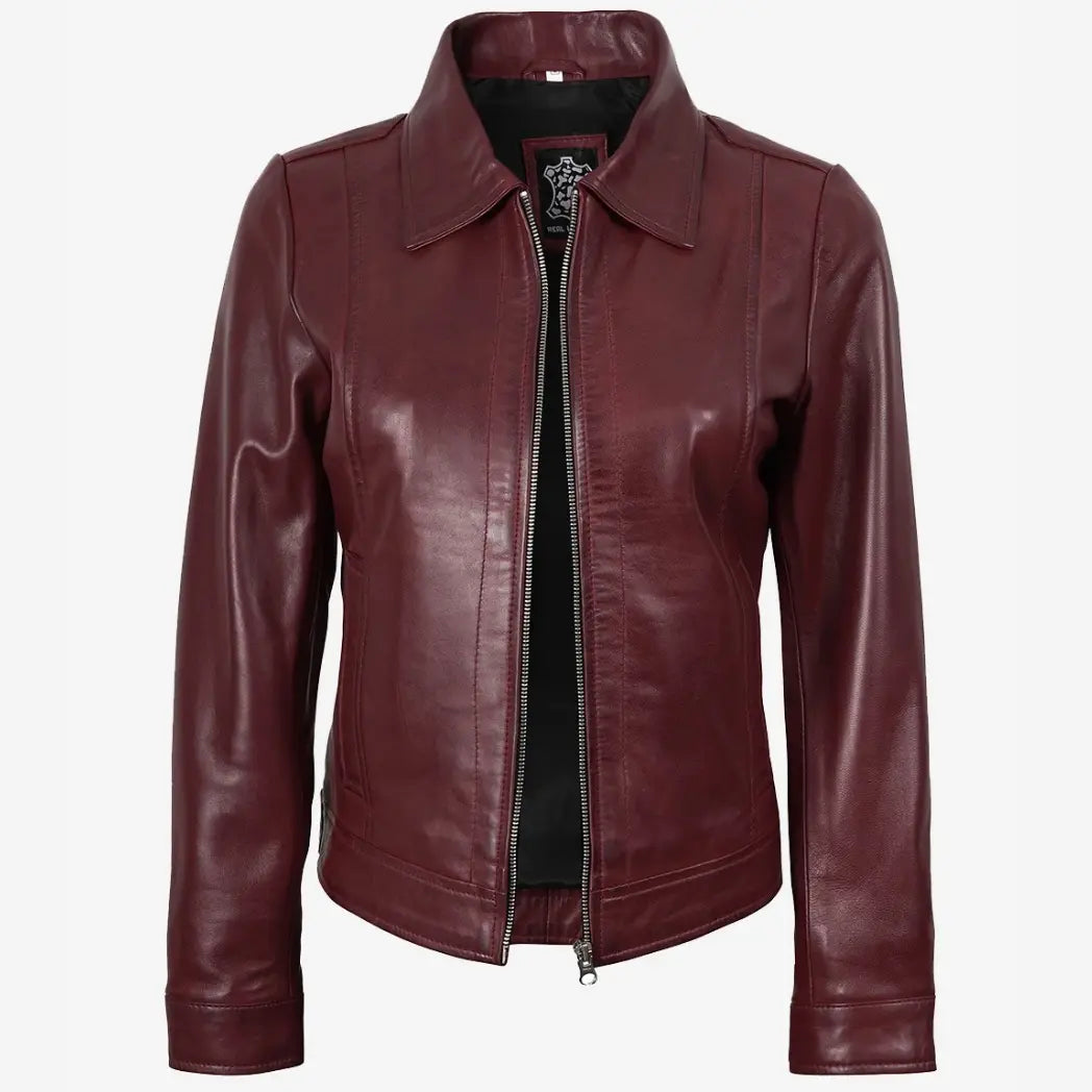Sowachi Women's Shirt Collar Burgundy Real Lambskin Leather Jacket