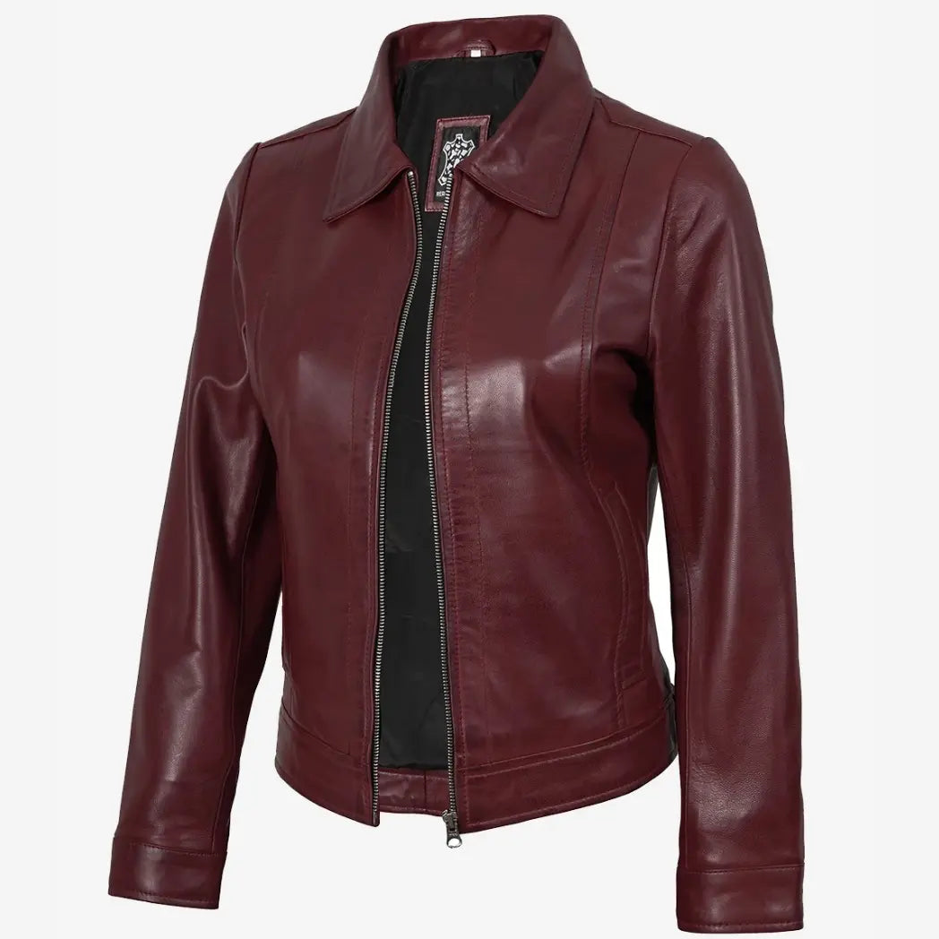Sowachi Women's Shirt Collar Burgundy Real Lambskin Leather Jacket