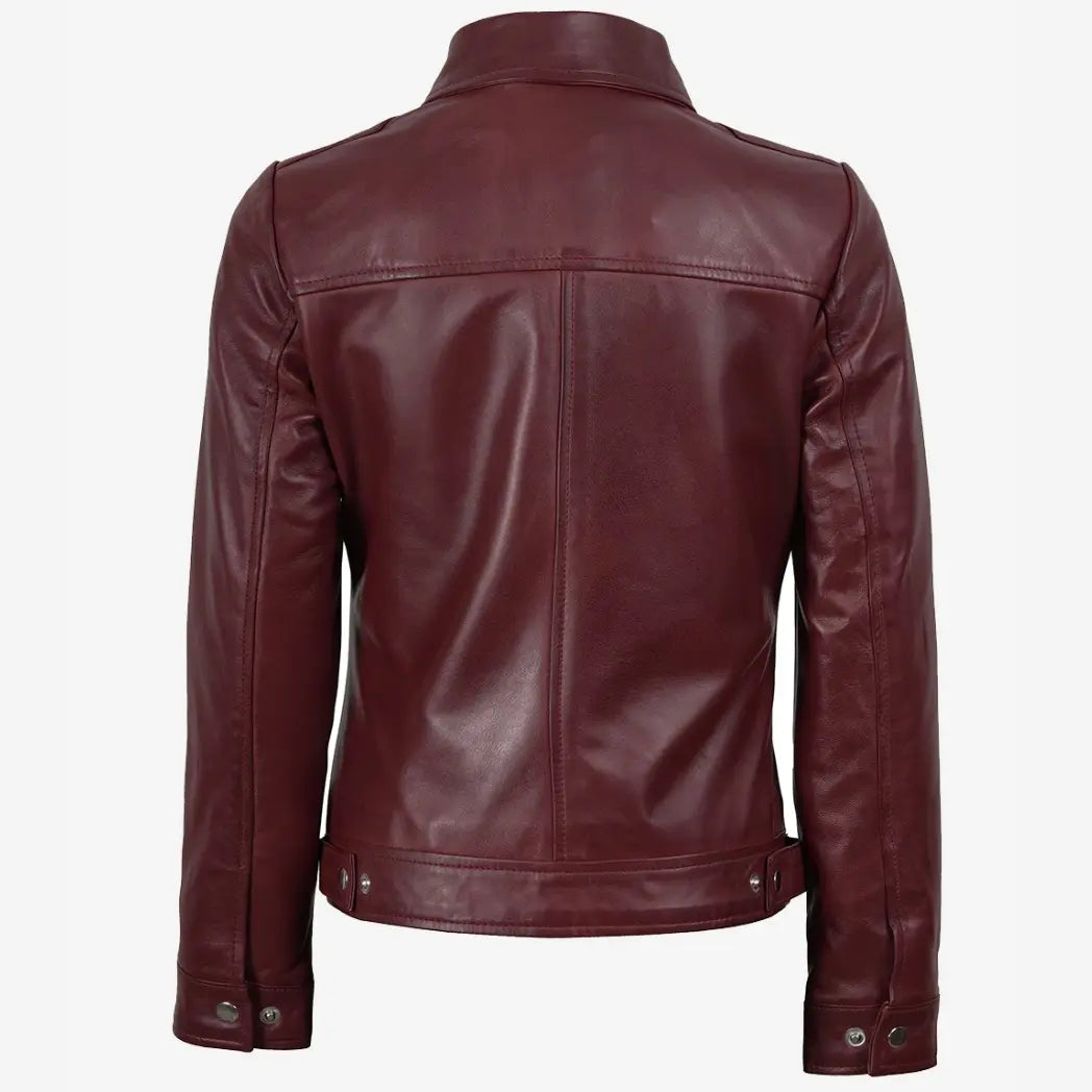 Sowachi Women's Shirt Collar Burgundy Real Lambskin Leather Jacket