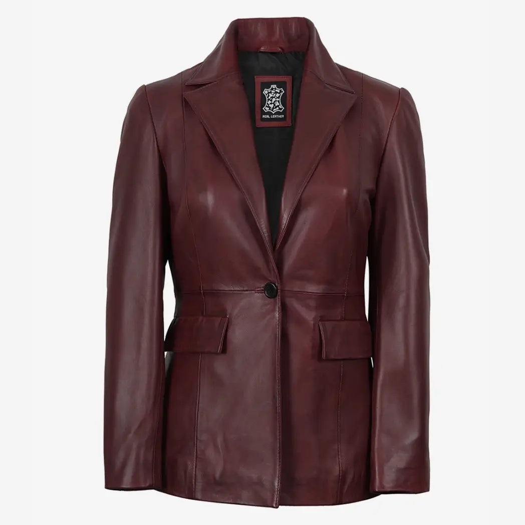 Sowachi Women’s Single-Button Burgundy Waxed Lambskin Leather Blazer