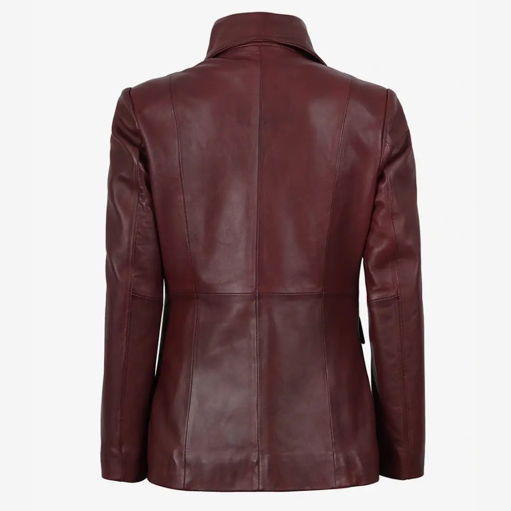 Sowachi Women’s Single-Button Burgundy Waxed Lambskin Leather Blazer
