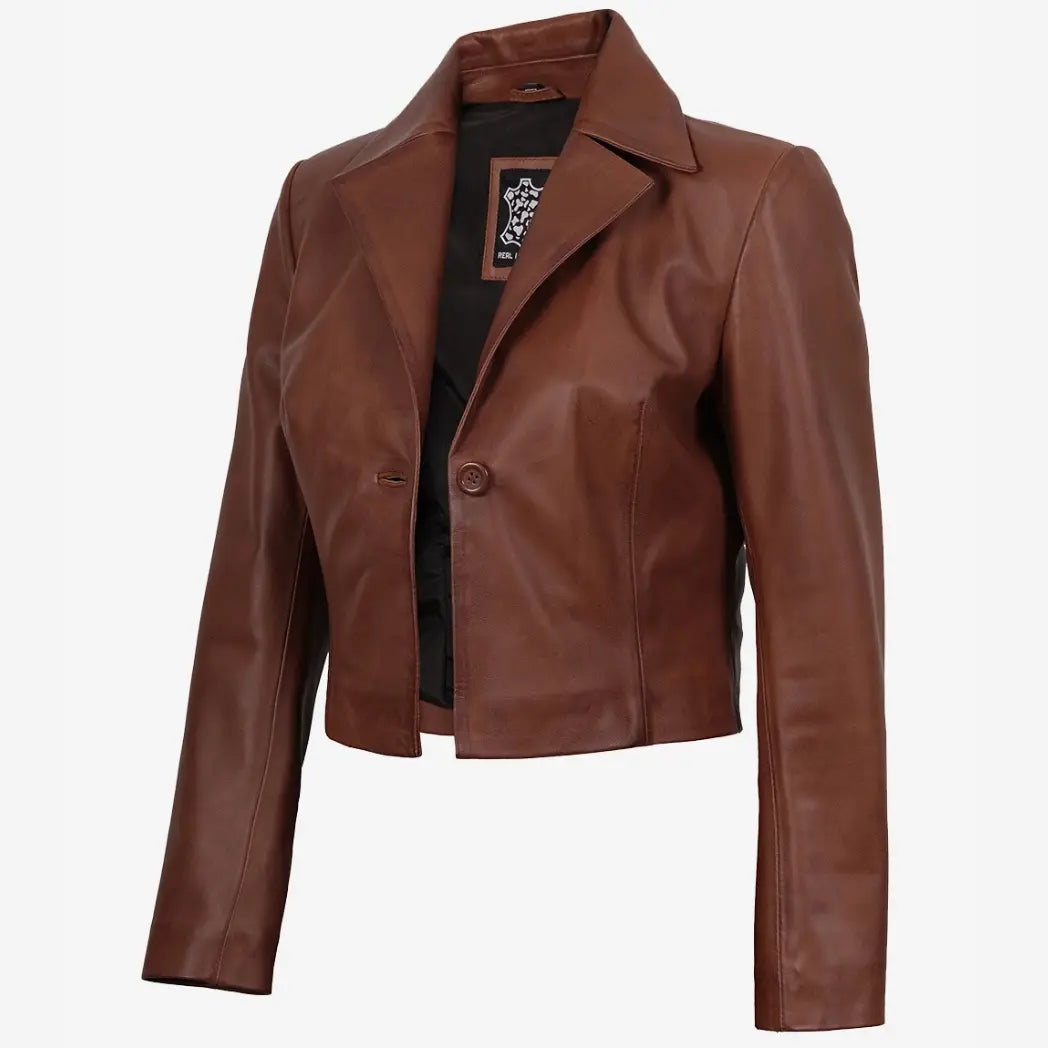 Sowachi Women's Single Button Cognac Cropped Leather Jacket
