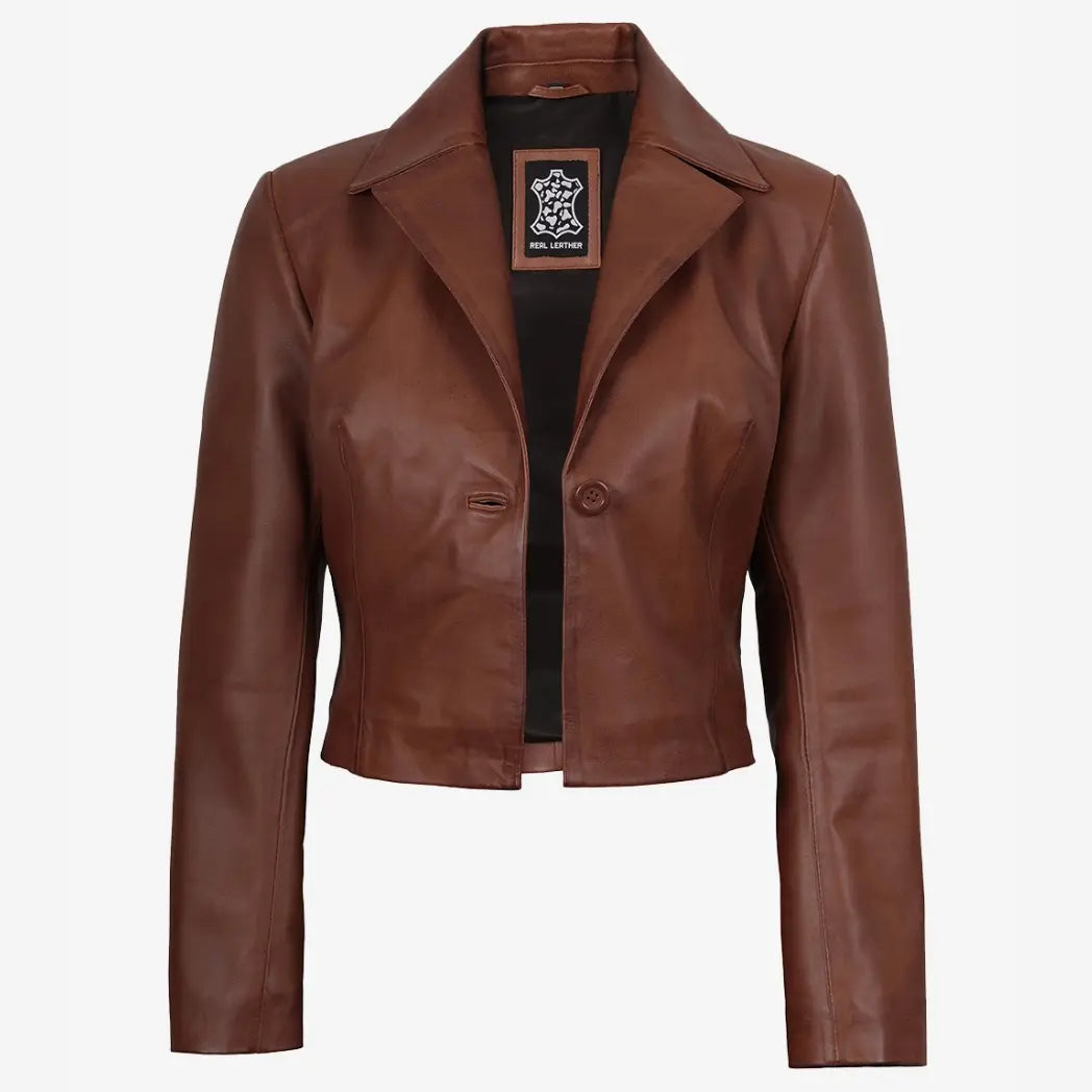 Sowachi Women's Single Button Cognac Cropped Leather Jacket