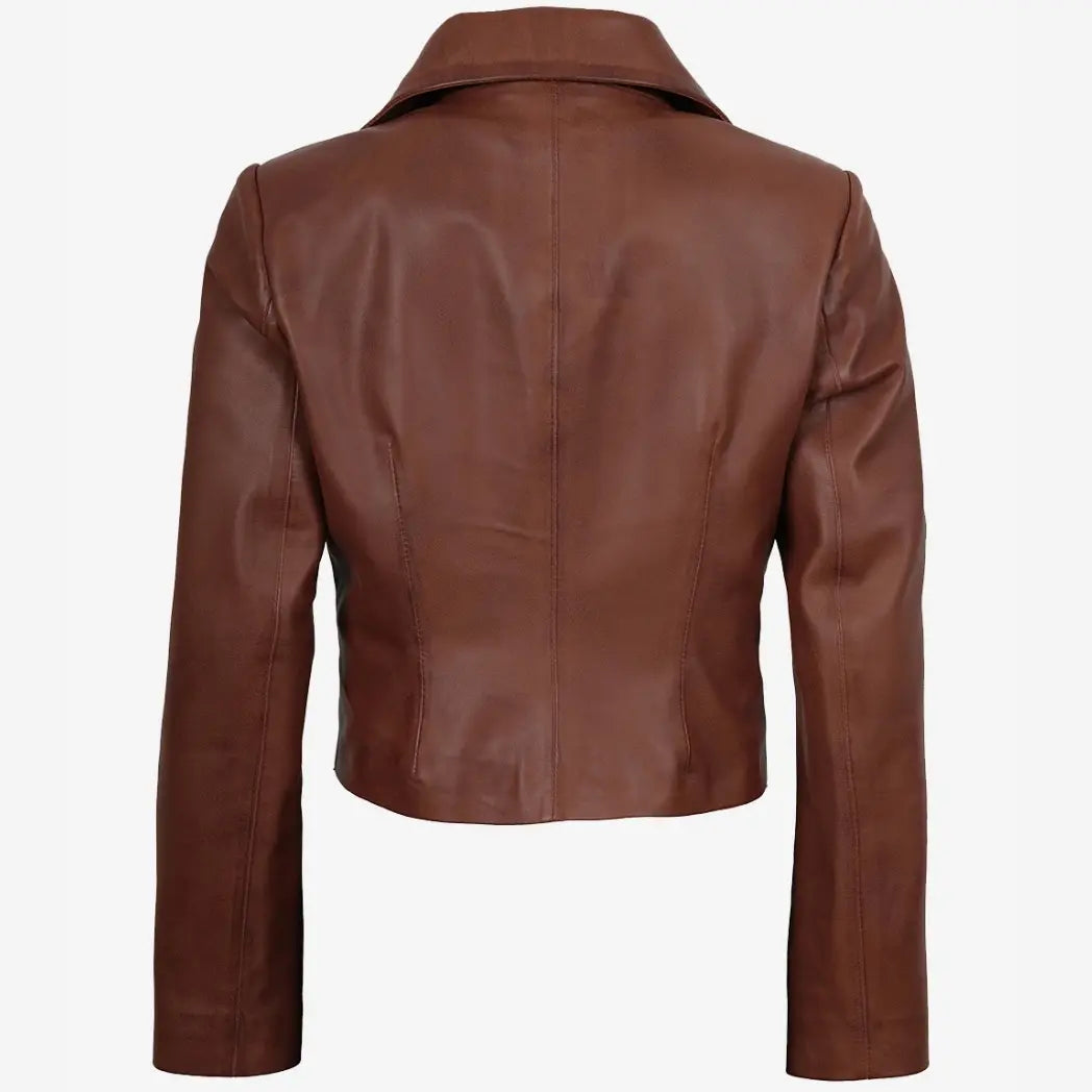 Sowachi Women's Single Button Cognac Cropped Leather Jacket