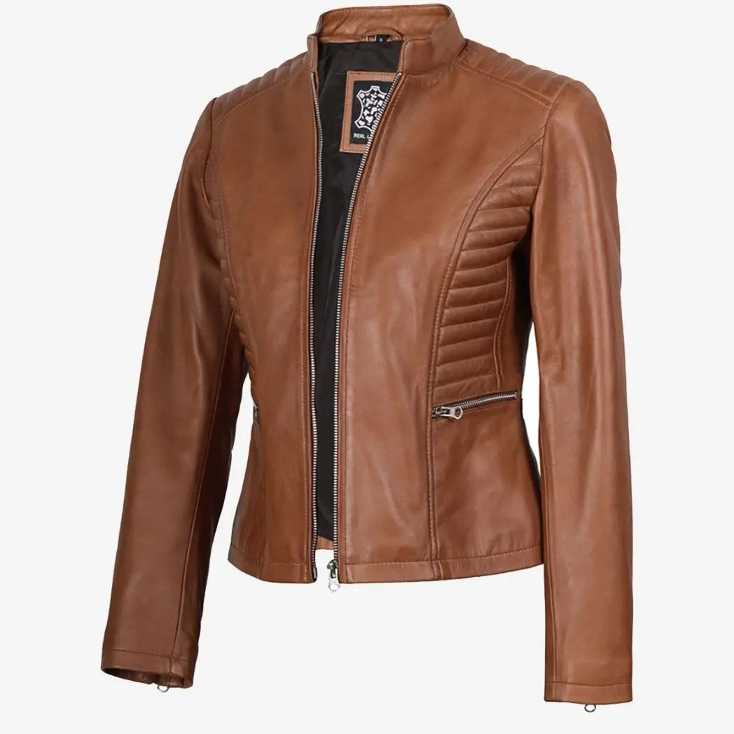 Sowachi Women's Slim Fit Tan Real Lambskin Leather Jacket