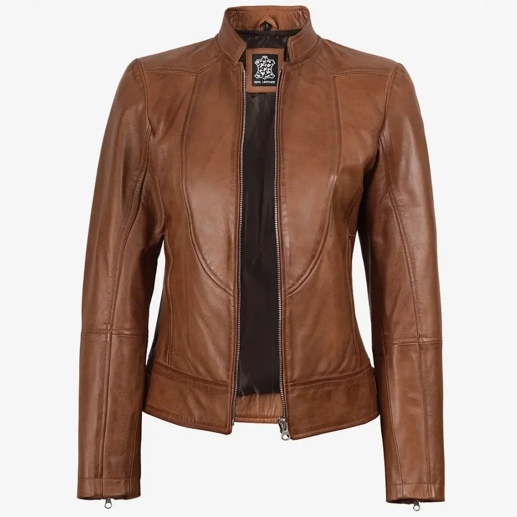 Sowachi Women's Tan Waxed Slim Fit Biker Style Leather Jacket