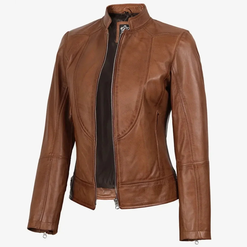 Sowachi Women's Tan Waxed Slim Fit Biker Style Leather Jacket