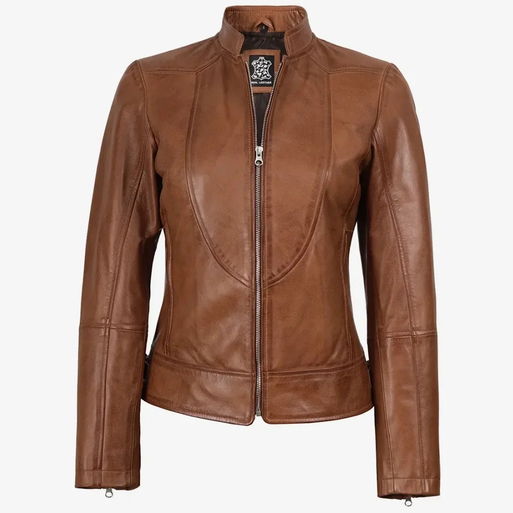 Sowachi Women's Tan Waxed Slim Fit Biker Style Leather Jacket