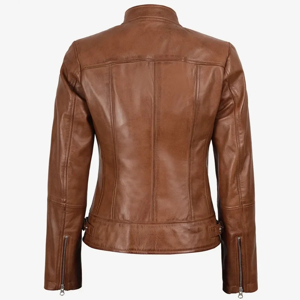 Sowachi Women's Tan Waxed Slim Fit Biker Style Leather Jacket
