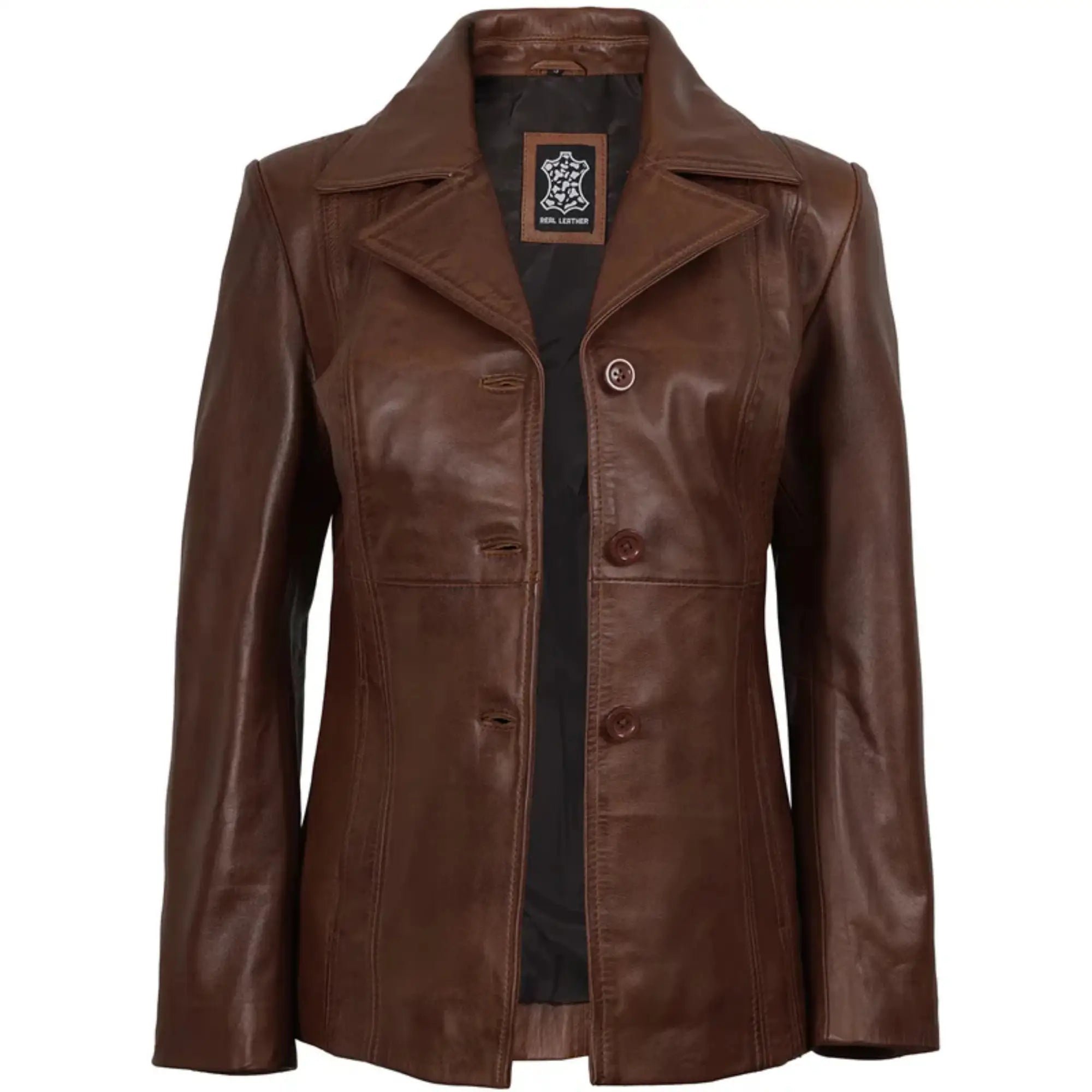 Sowachi Marvelle - Women's Cognac Brown Three Button Leather Blazer