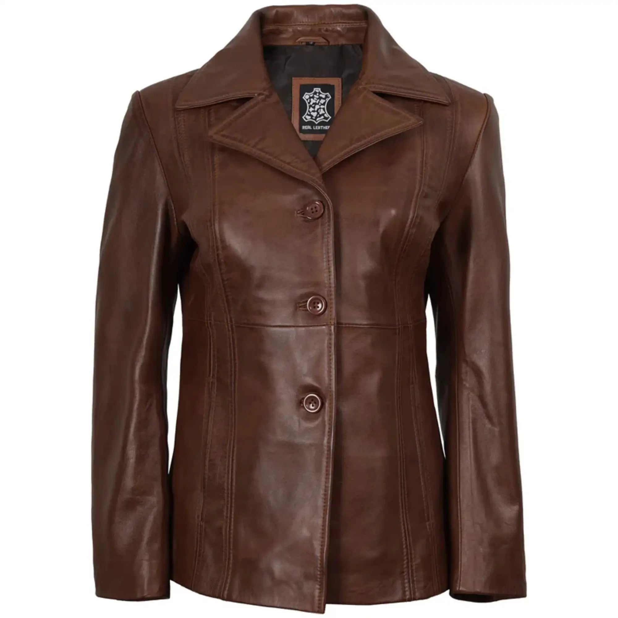 Sowachi Marvelle - Women's Cognac Brown Three Button Leather Blazer