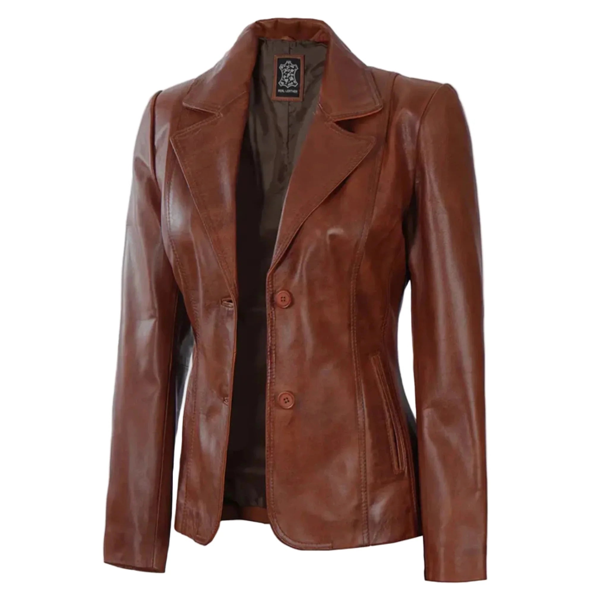 Sowachi Velisse - Women's Cognac Brown Two Button Leather Blazer
