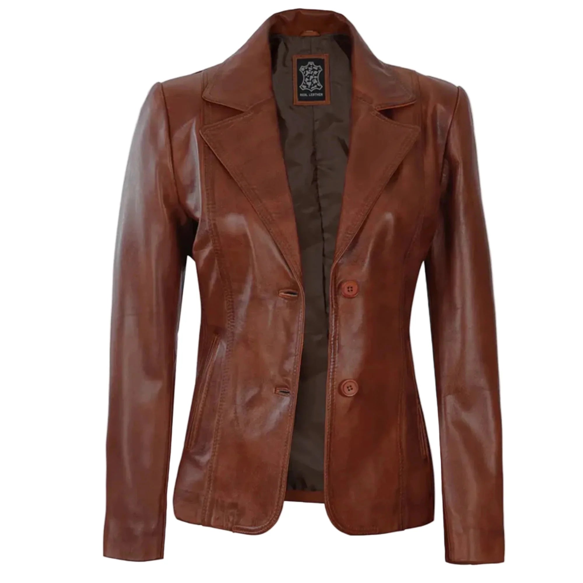 Sowachi Velisse - Women's Cognac Brown Two Button Leather Blazer