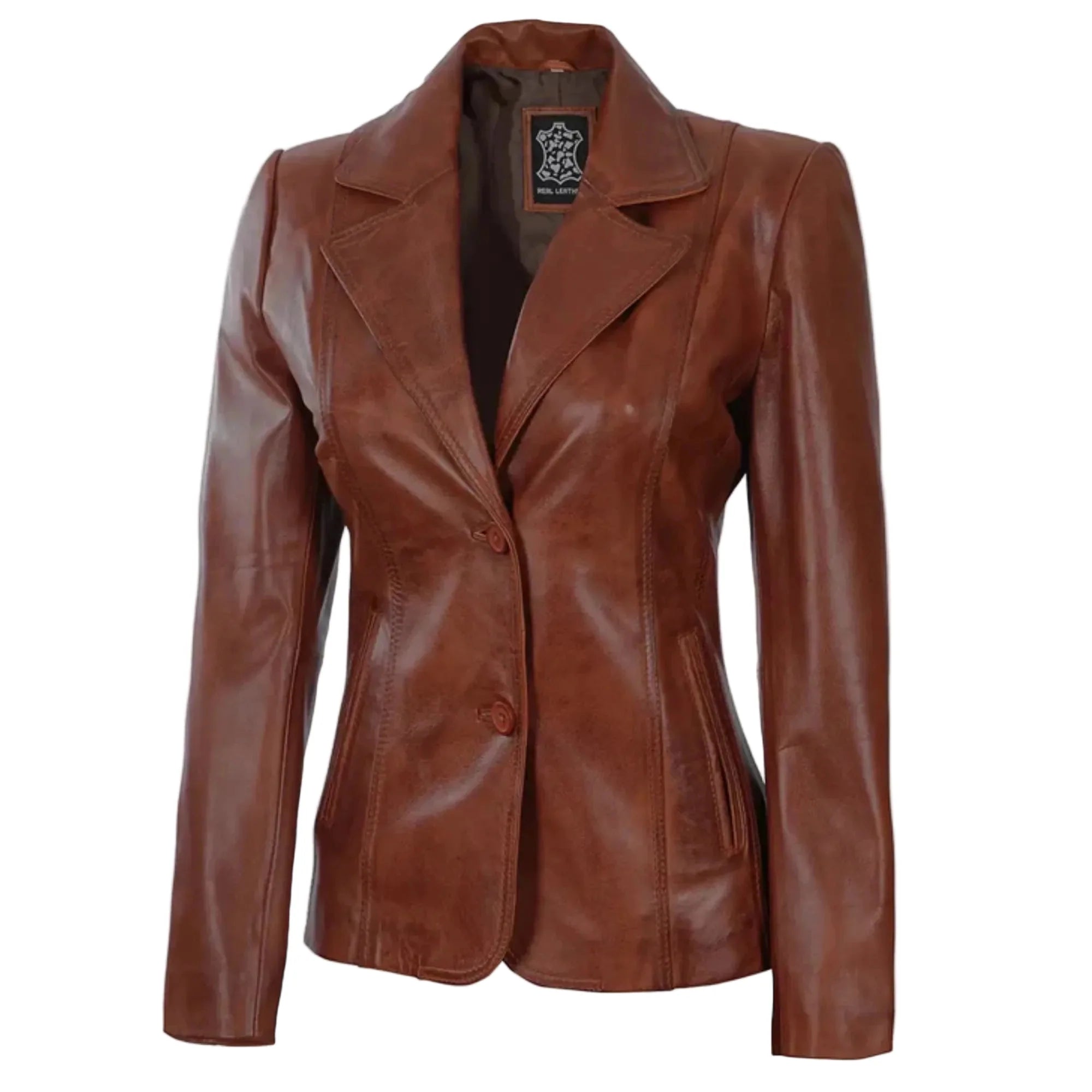 Sowachi Velisse - Women's Cognac Brown Two Button Leather Blazer