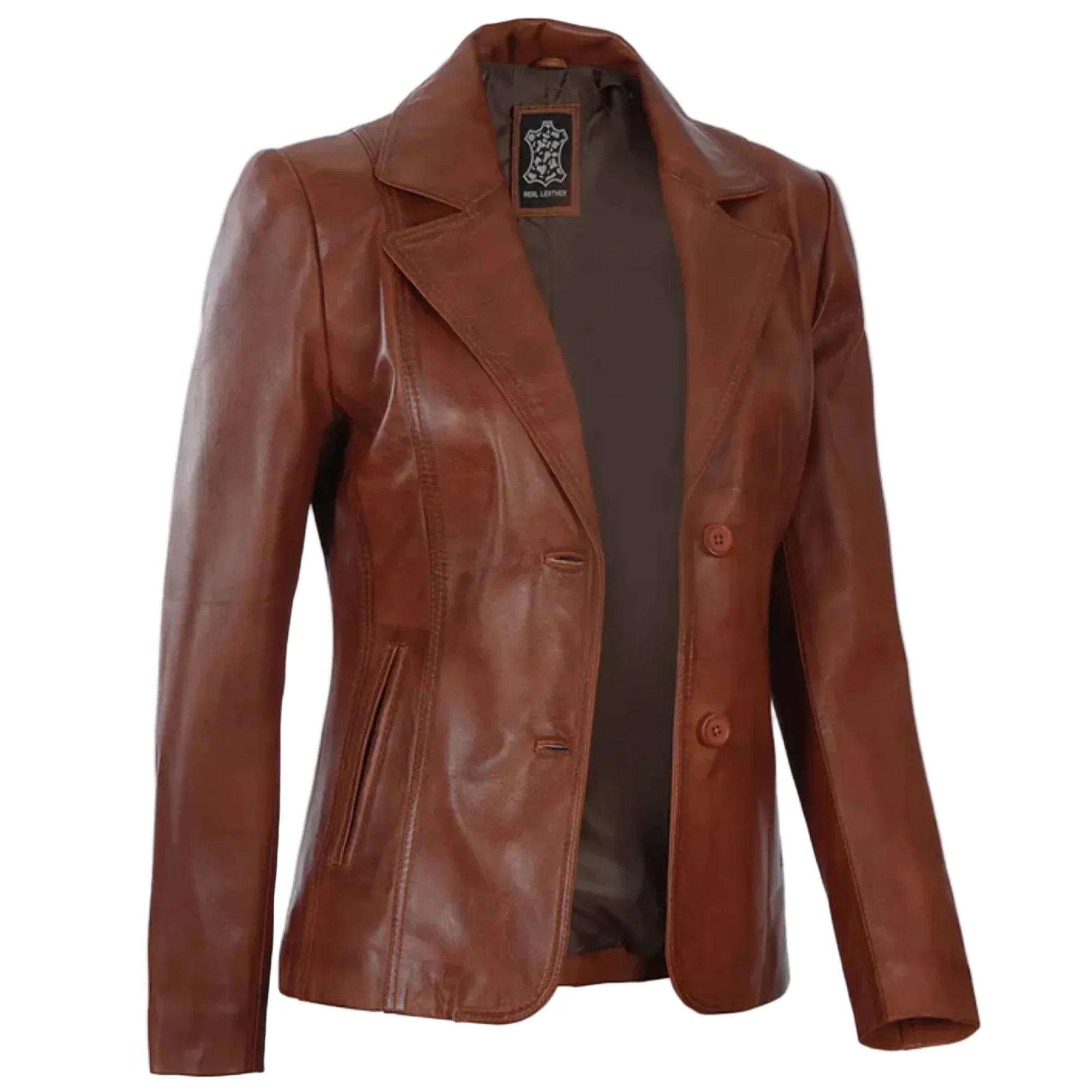 Sowachi Velisse - Women's Cognac Brown Two Button Leather Blazer