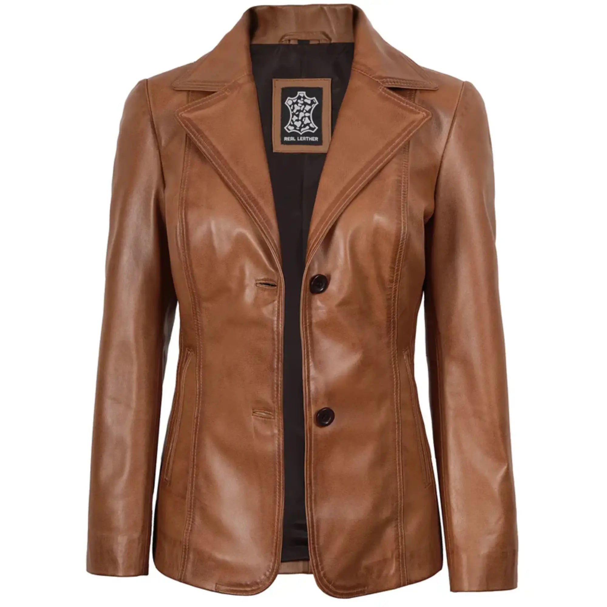Sowachi Velisse - Women's Tan Brown Two Button Leather Blazer