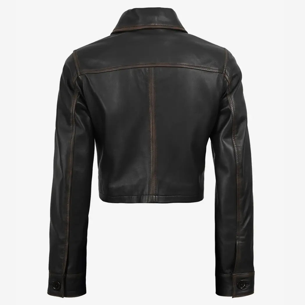 Sowachi Women's Vintage Brown Cropped Lambskin Leather Jacket