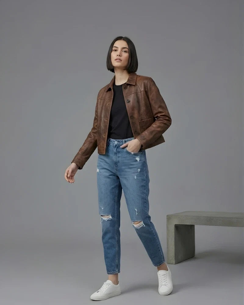Sowachi Women's Vintage Distressed Brown Cropped Leather Jacket