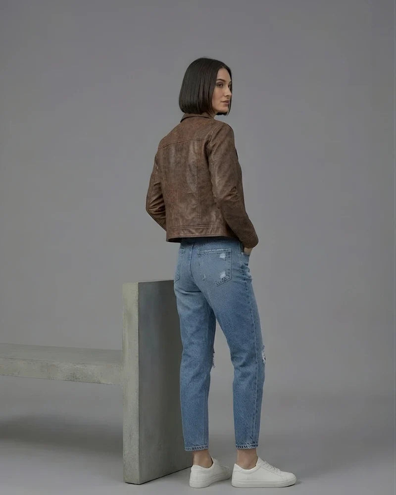 Sowachi Women's Vintage Distressed Brown Cropped Leather Jacket