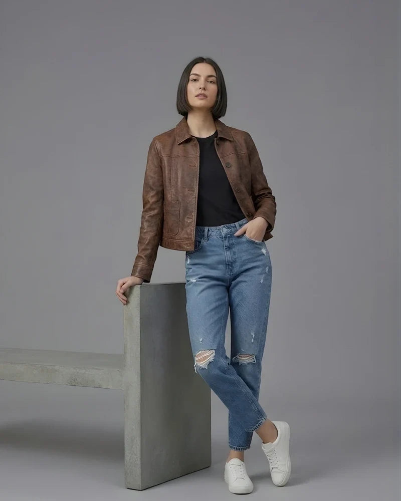 Sowachi Women's Vintage Distressed Brown Cropped Leather Jacket