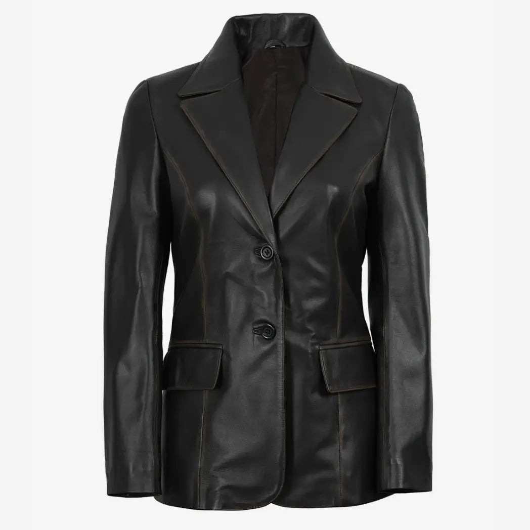 Sowachi Women's Waxed Dark Brown Two Button Real Leather Blazer
