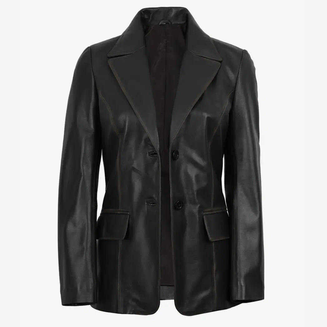 Sowachi Women's Waxed Dark Brown Two Button Real Leather Blazer