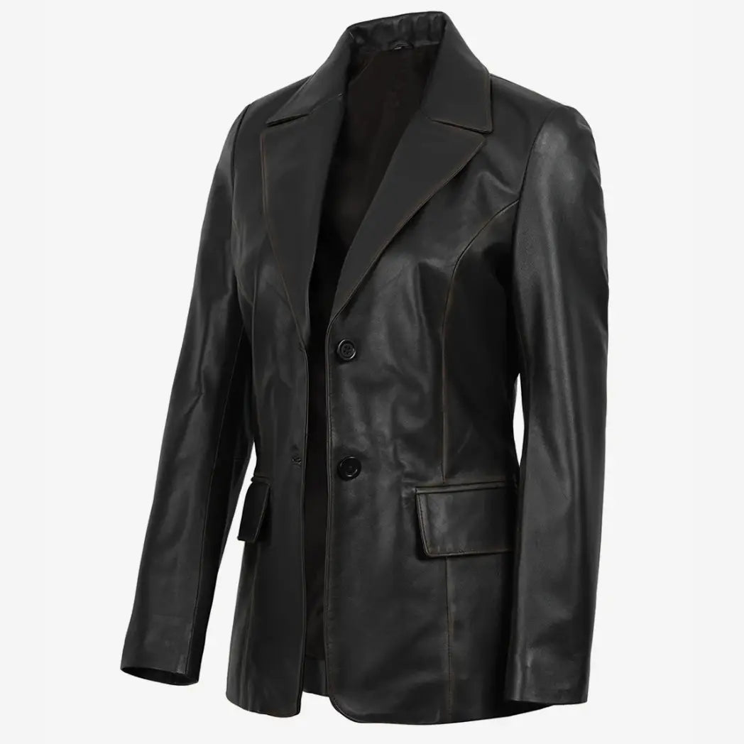 Sowachi Women's Waxed Dark Brown Two Button Real Leather Blazer