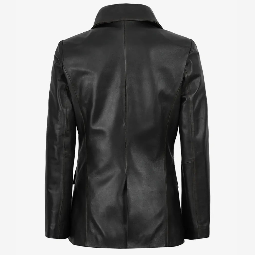 Sowachi Women's Waxed Dark Brown Two Button Real Leather Blazer
