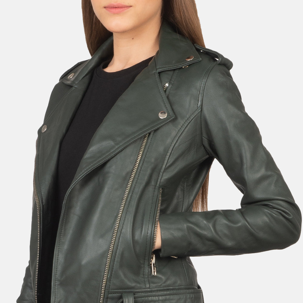 Sowachi Alison Green Leather Biker Jacket