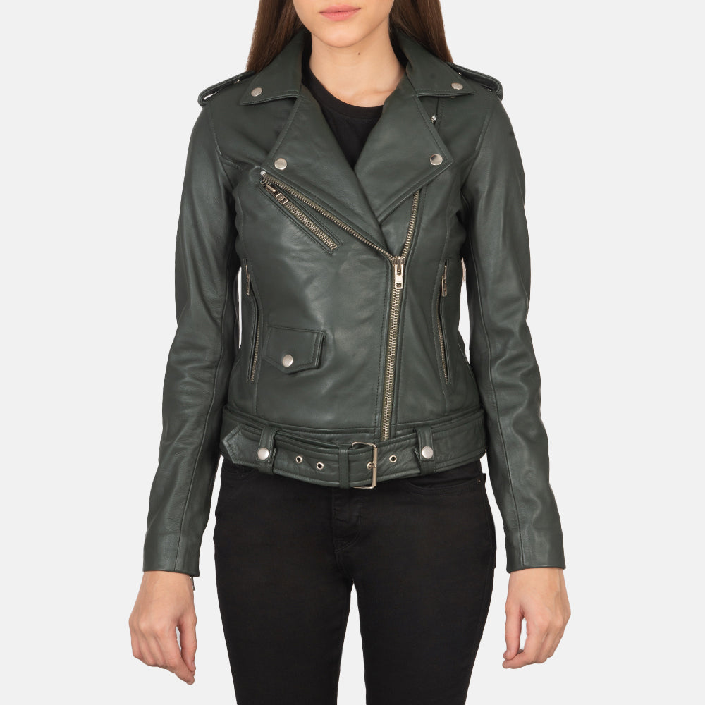 Sowachi Alison Green Leather Biker Jacket
