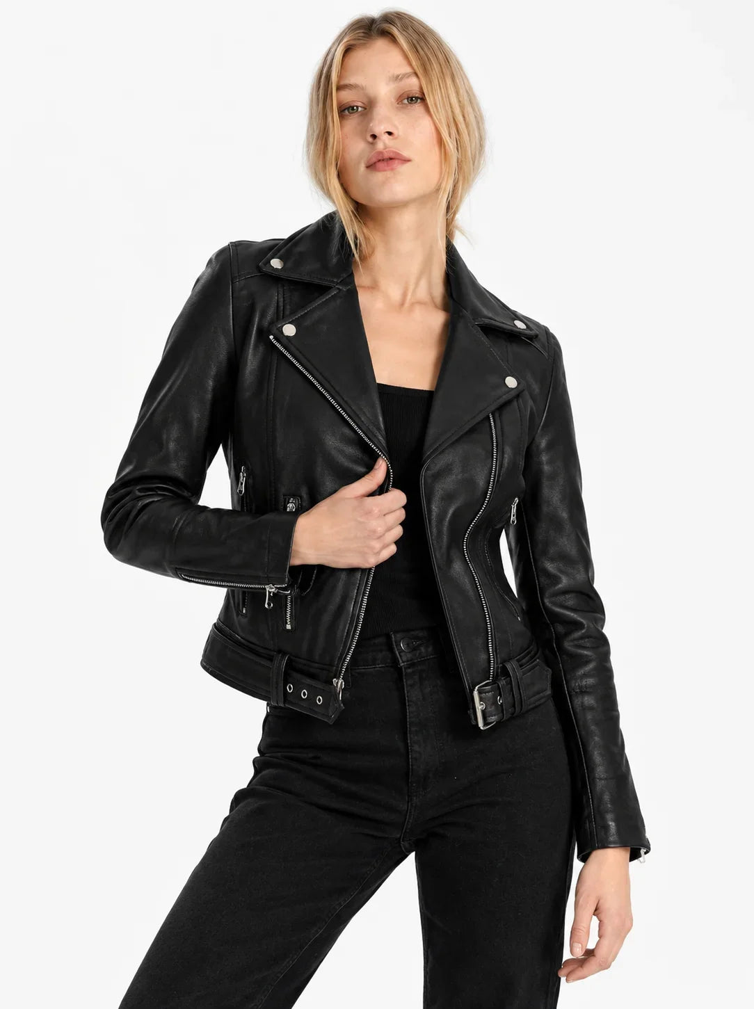 Sowachi Women's Asymmetrical Black Leather Belted Biker Style Jacket
