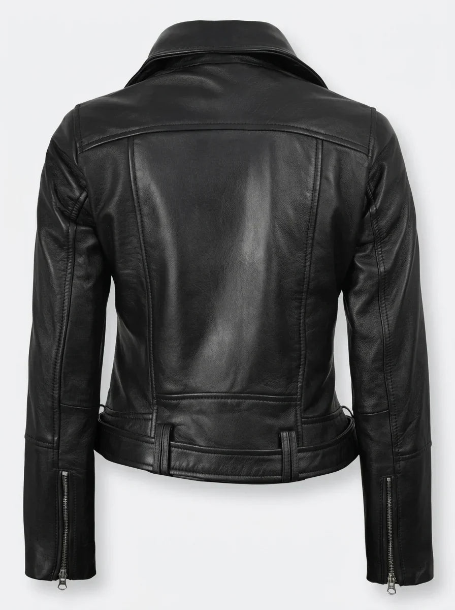Sowachi Women's Asymmetrical Black Leather Belted Biker Style Jacket
