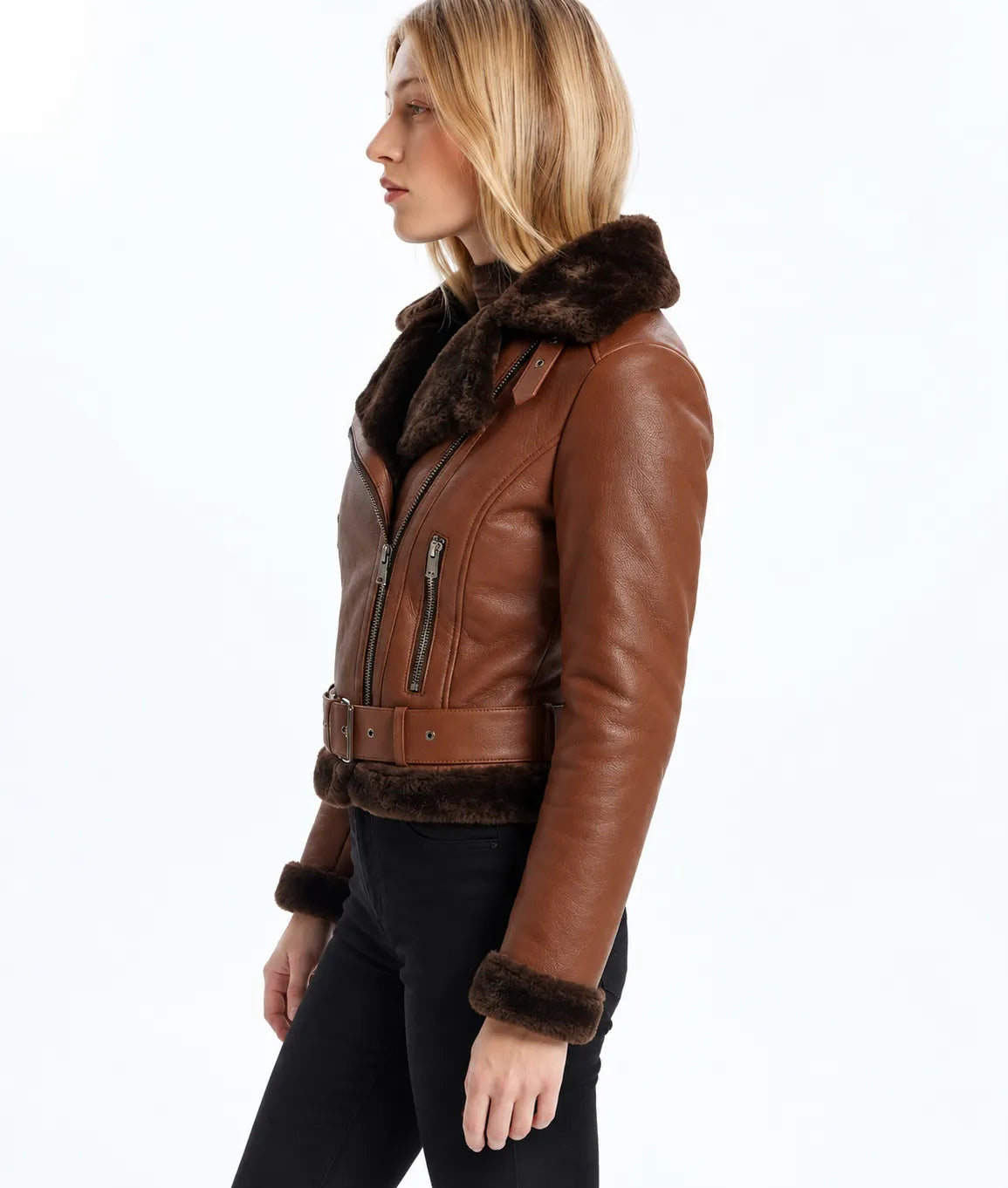 Women's Biker Brown Shearling Leather Jacket