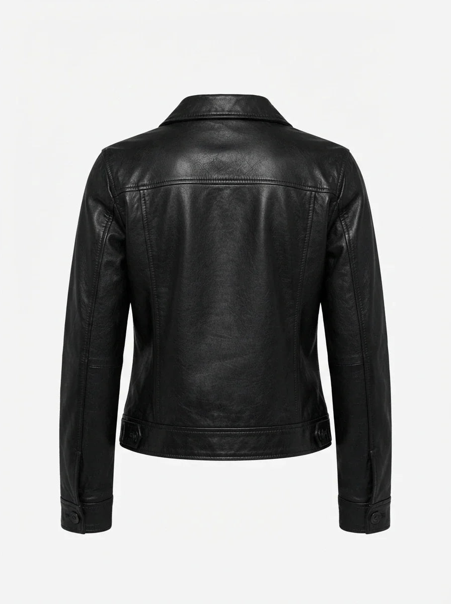 Sowachi Women's Black Leather Drop Shoulder Trucker Jacket