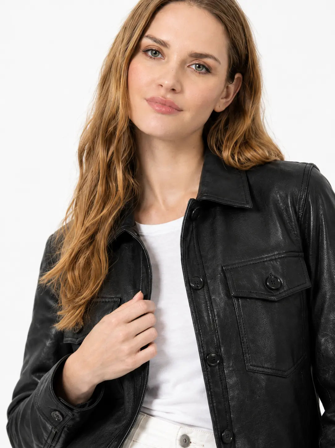 Sowachi Women's Black Leather Drop Shoulder Trucker Jacket