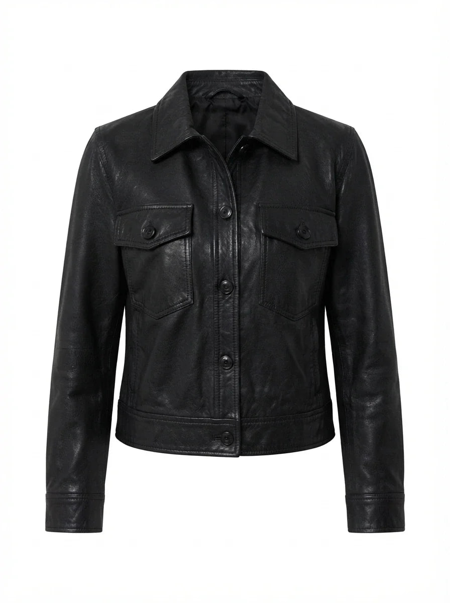 Sowachi Women's Black Leather Drop Shoulder Trucker Jacket