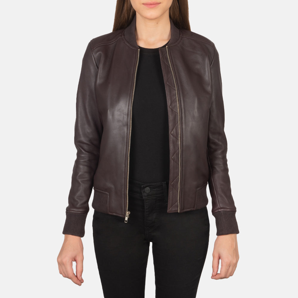 Sowachi Bliss Maroon Leather Bomber Jacket