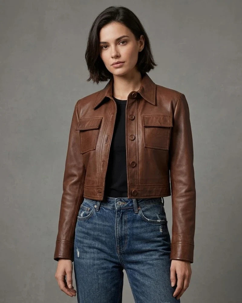 Sowachi Women's Brown Cropped Leather Trucker Jacket