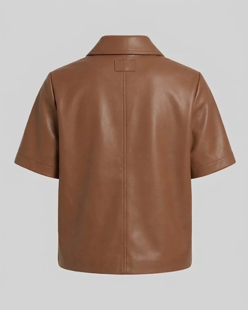 Sowachi Briellea - Women's Brown Short Sleeve Faux Leather Shirt