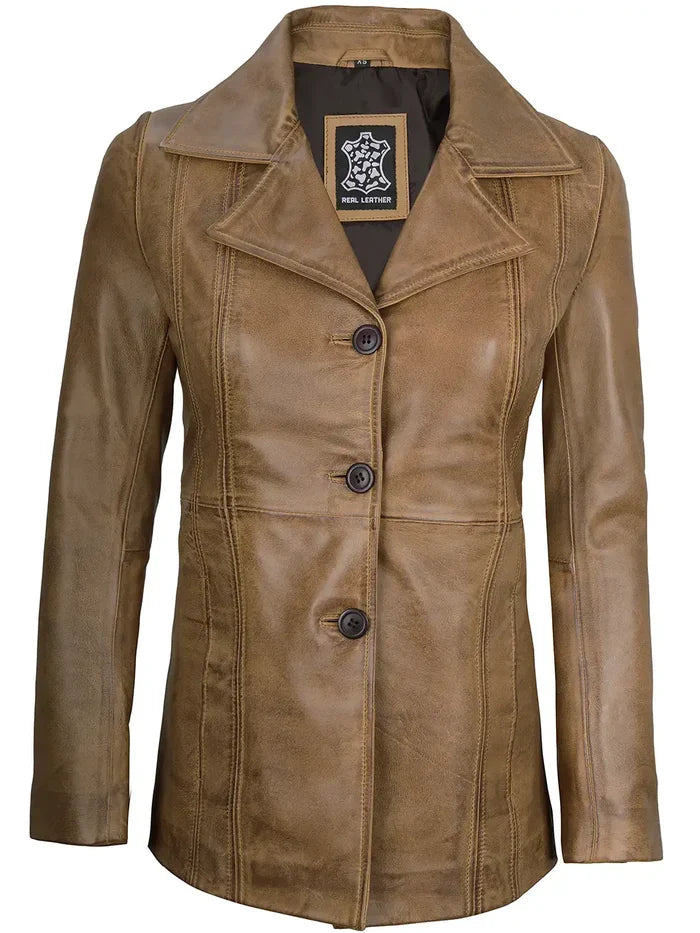 Sowachi Marvelle - Women's Camel Brown Long Leather Blazer