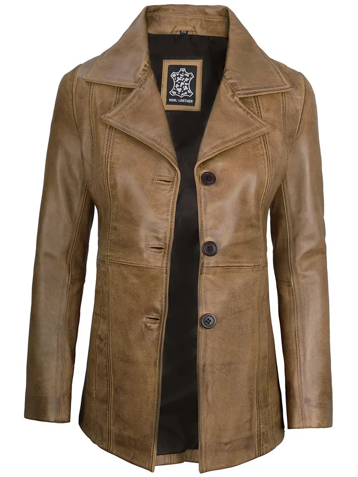 Sowachi Marvelle - Women's Camel Brown Long Leather Blazer