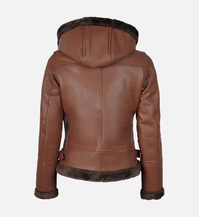 Women's Cognac Brown Hooded Shearling Jacket