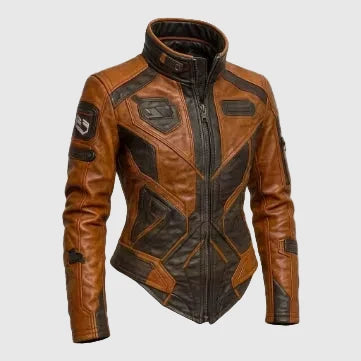 Sowachi Dazelle - Women's Dark Brown Leather Jacket With Brown Stripe Detailing